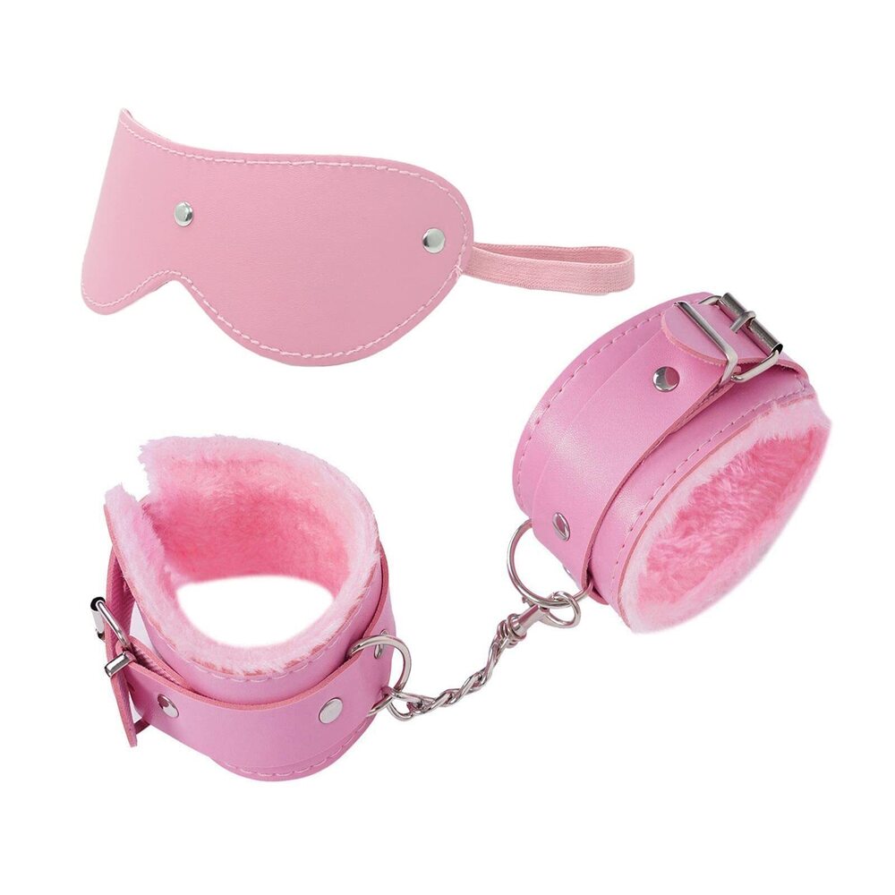 1320 2Pcs Fluffy Leather Wrist Cuffs Adjustable Leash Chain Cosplay Party